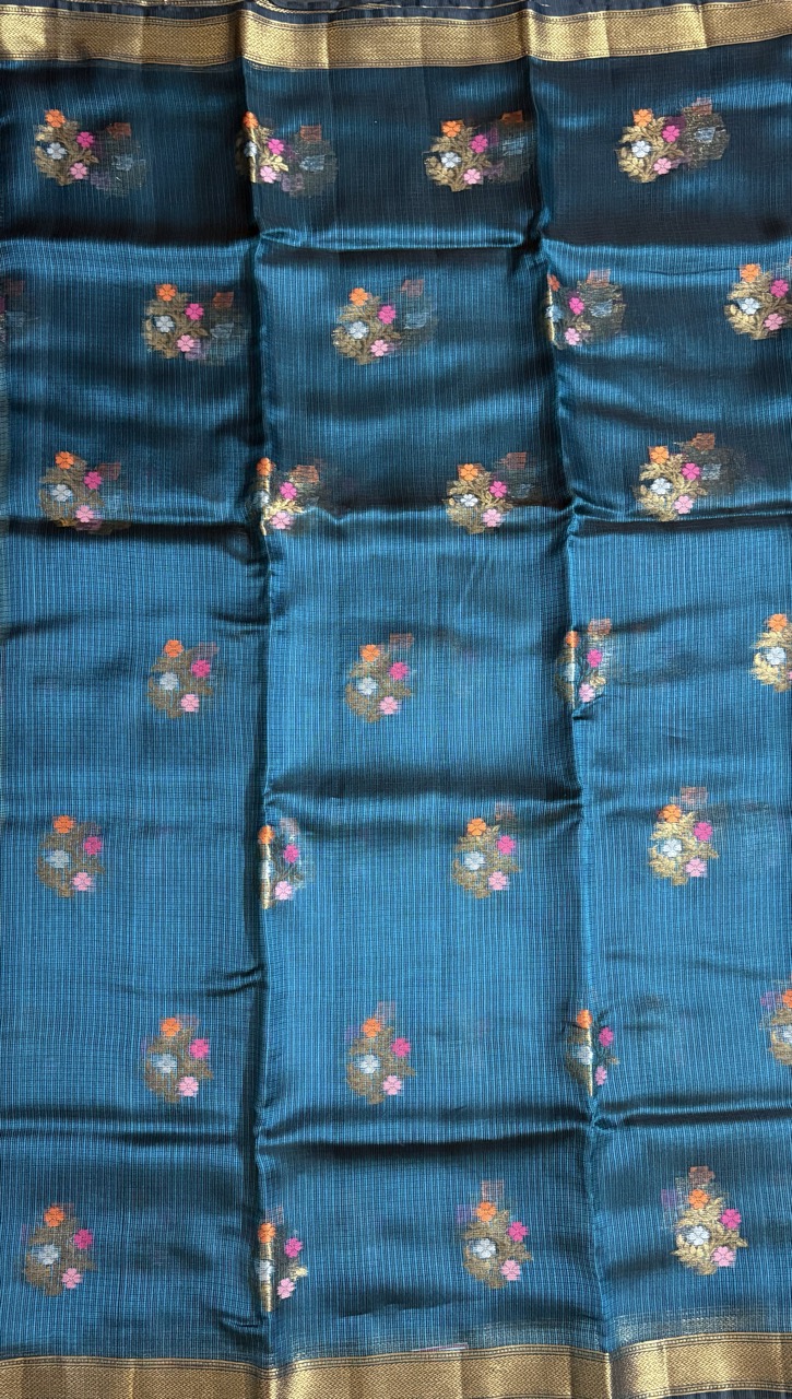 Emerald Blue Pure Kota Silk Saree hover view